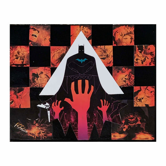 Checkered Batman | Comic Collage | 8x10 | ORIGINAL - Checkered Batman | Comic Collage | 8x10 | ORIGINAL - Dorrin Gingerich Art - A vibrant collage of Batman featuring a checkered pattern, taken from Detective Comics Vol 2 #31