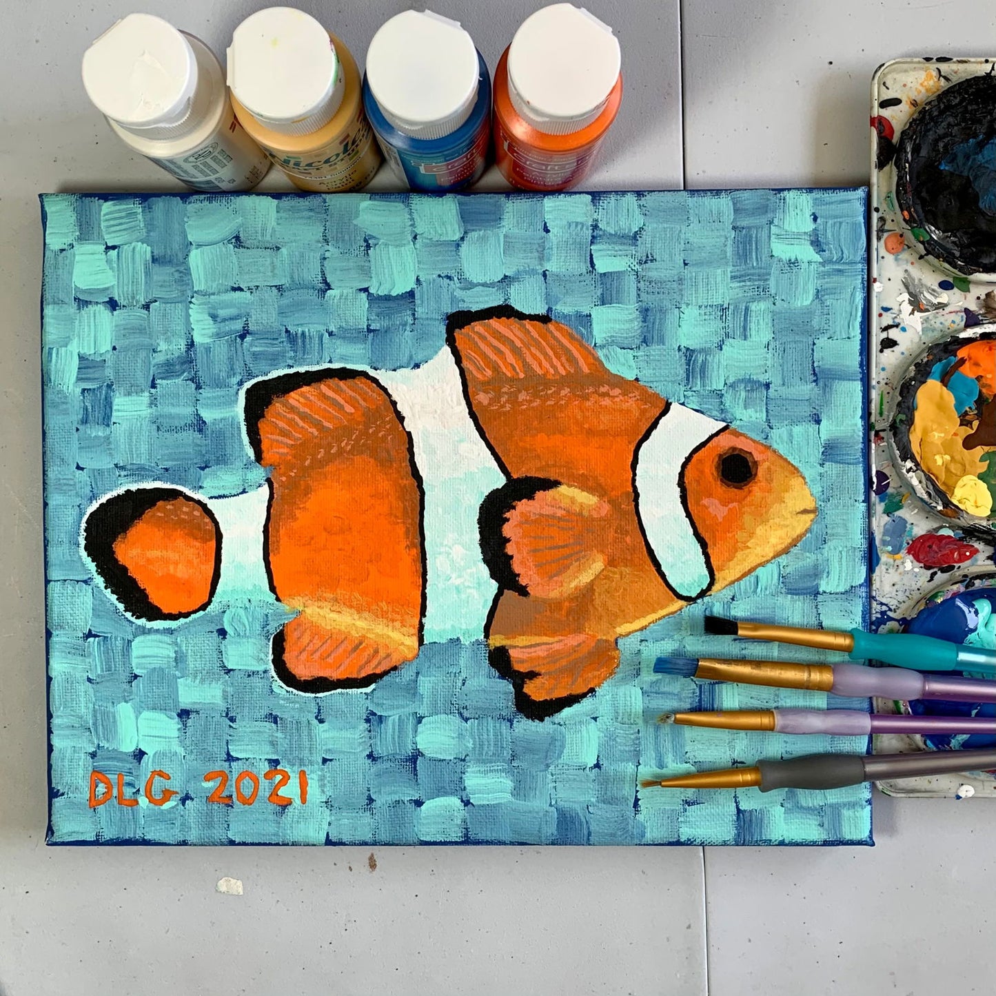 Hand-painted clownfish acrylic on canvas, unique artwork for sea art work and nature prints lovers.