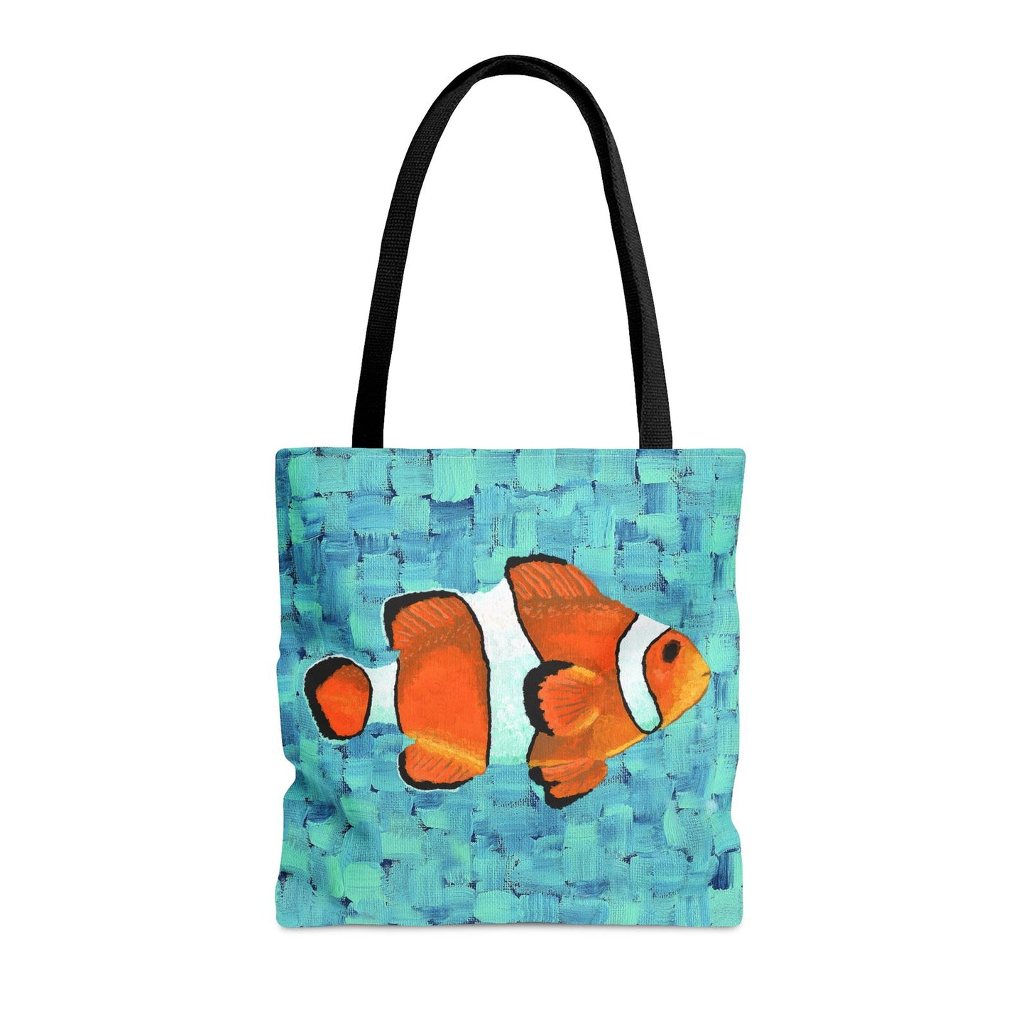 Clownfish Tote Bag - Clownfish Tote Bag - Dorrin Gingerich Art - Clownfish tote bag held on beach – original art painting transformed into vibrant artwork and sea art work, perfect for marine lovers.