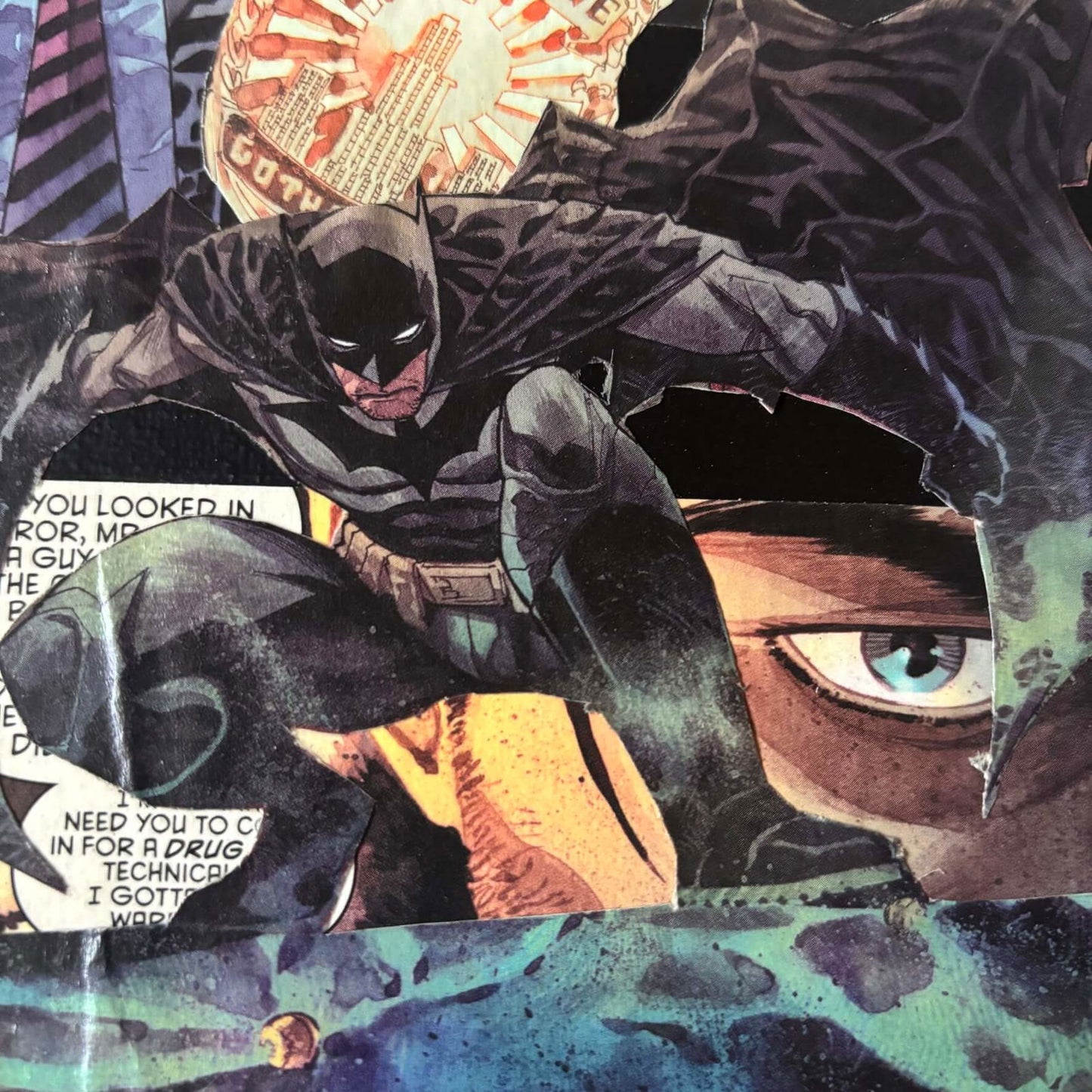 Detective in the Dark | Comic Collage | 8x10 | ORIGINAL - Detective in the Dark | Comic Collage | 8x10 | ORIGINAL - Dorrin Gingerich Art - Close-up of a comic book cover featuring Batman, titled "Detective-in-the-Dark," showcasing a dynamic collage design.