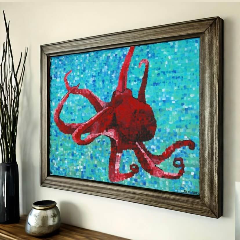 An octopus artwork adorning a living room wall, showcasing its vibrant colors and intricate details.