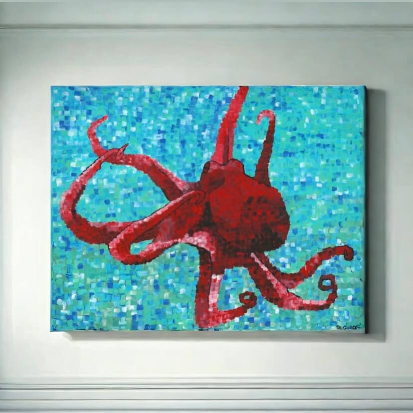 A mesmerizing octopus painting on a living room wall - a unique and eye-catching canvas print.
