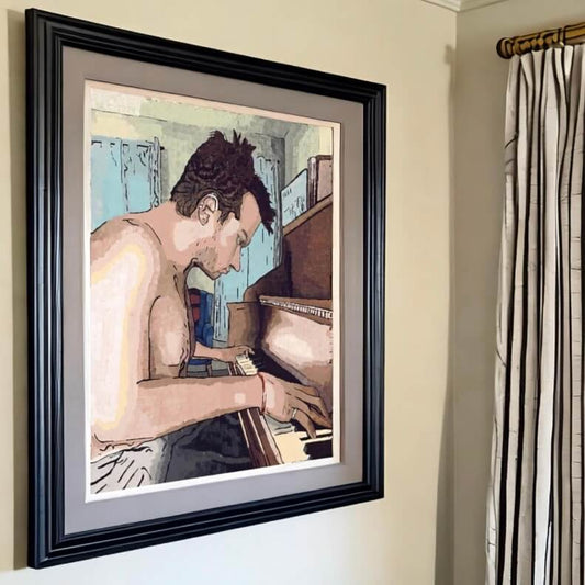 Ivory Keys Art Print - Ivory Keys Art Print - Dorrin Gingerich Art - A man passionately plays the piano in a cozy room, captured in the framed art print titled "Ivory Keys."