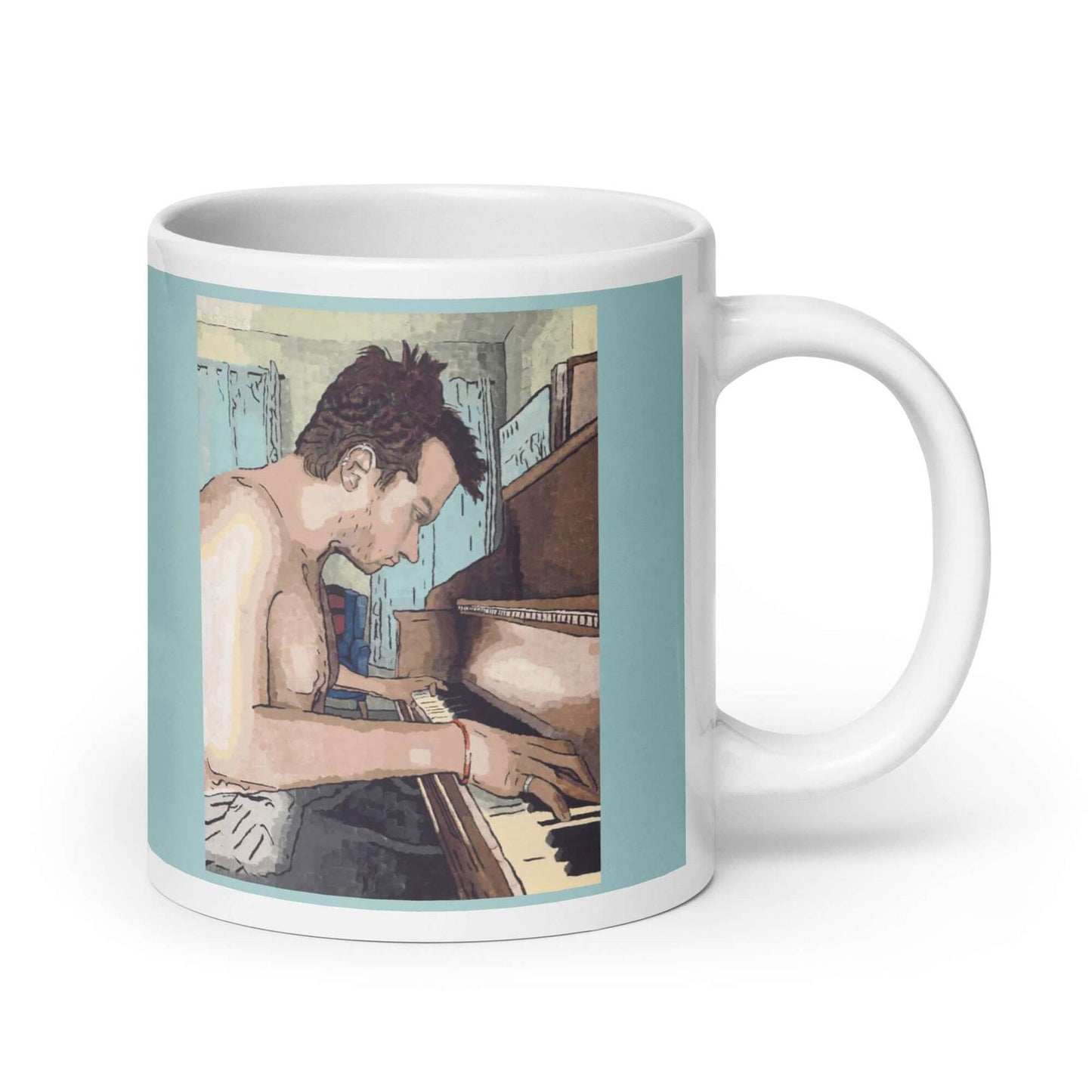Ivory Keys Mug - Ivory Keys Mug - Dorrin Gingerich Art - 20oz coffee mug with painting 'Ivory Keys' depicting man playing piano.