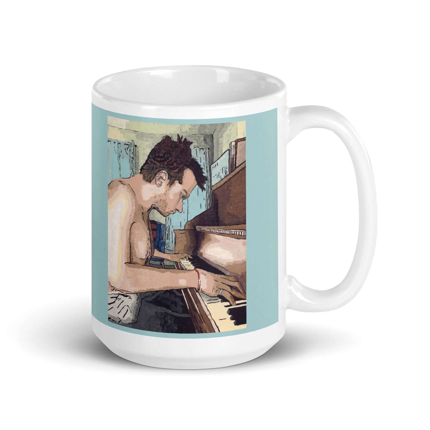 Ivory Keys Mug - Ivory Keys Mug - Dorrin Gingerich Art - A 15oz coffee mug featuring a painting named Ivory Keys, depicting a man playing the piano.