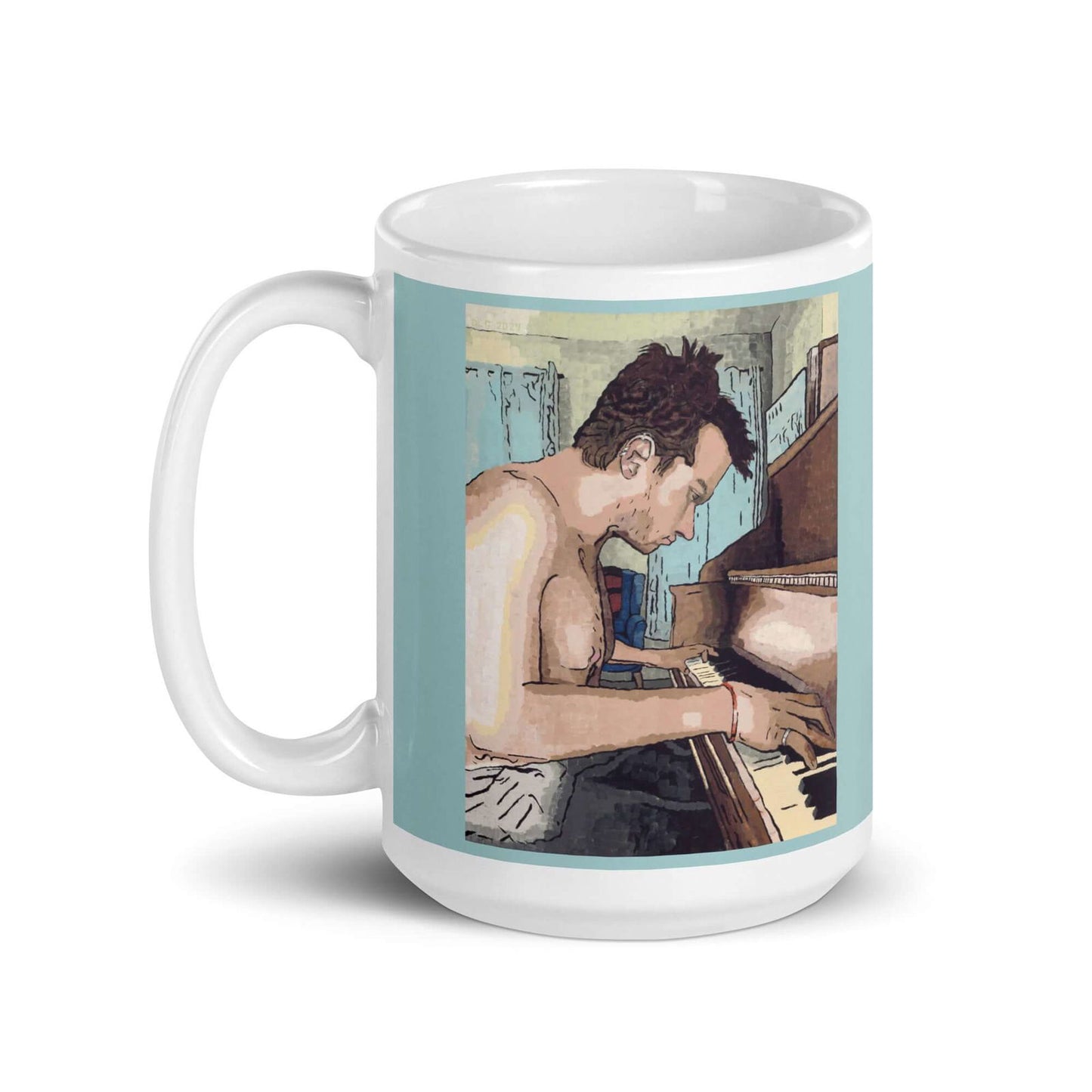 Ivory Keys Mug - Ivory Keys Mug - Dorrin Gingerich Art - A 15oz mug showcasing the artwork "Ivory Keys," depicting a man skillfully playing the piano.