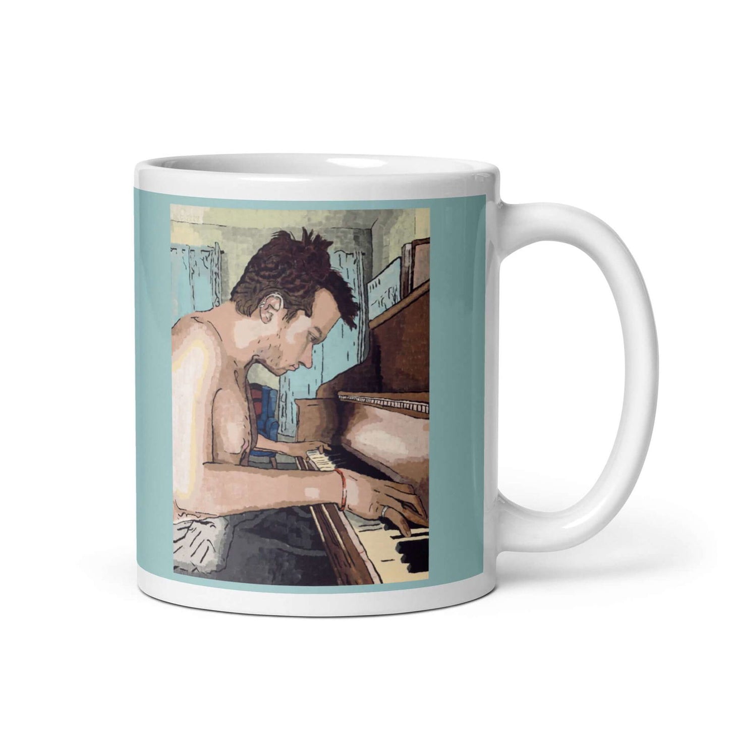 Ivory Keys Mug - Ivory Keys Mug - Dorrin Gingerich Art - A coffee mug featuring a painting of a man playing the piano, called Ivory Keys, on an 11oz mug.
