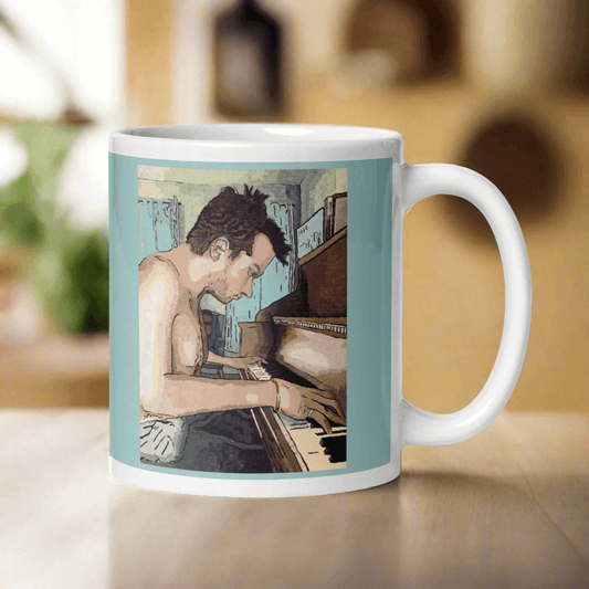 Ivory Keys Mug - Ivory Keys Mug - Dorrin Gingerich Art - A coffee mug featuring a painting of a man playing the piano titled Ivory Keys, perfect for music lovers.