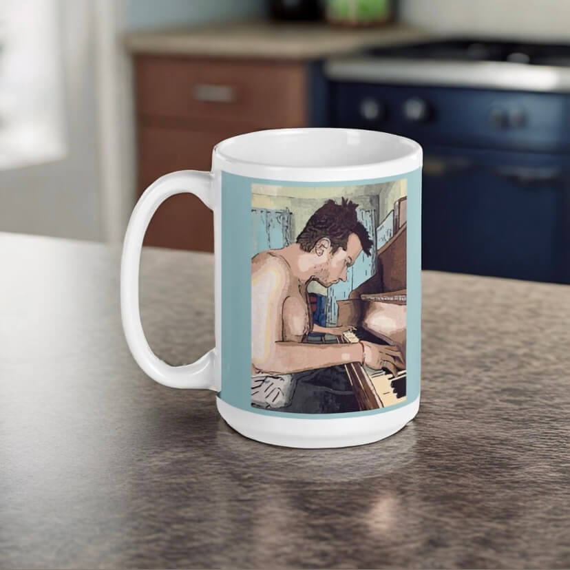 Ivory Keys Mug - Ivory Keys Mug - Dorrin Gingerich Art - Coffee mug with a painting called Ivory Keys, showing a man playing the piano.