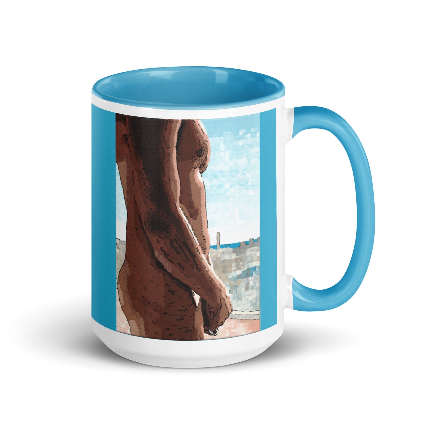 Top-down view of original artwork mug – ceramic coffee mug with print artwork and creative drinkware design.