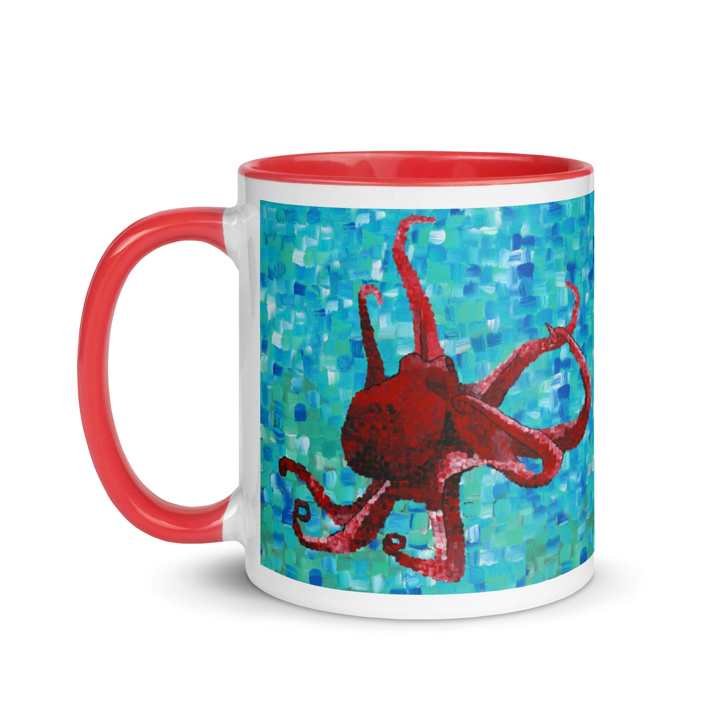 Mug with red octopus design on a blue mosaic background