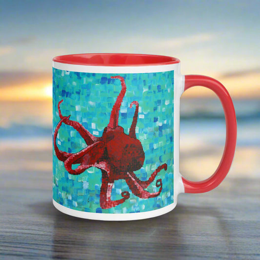 Mug with red octopus design on a blue mosaic background
