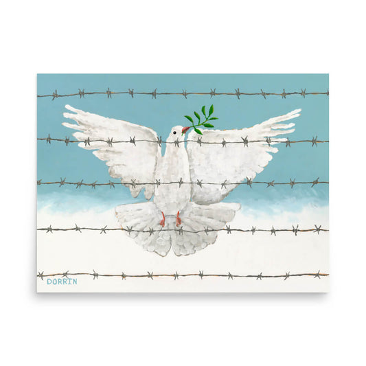 White dove with outstretched wings on barbed wire against a blue sky, featuring the artist's signature 'Dorrit'.