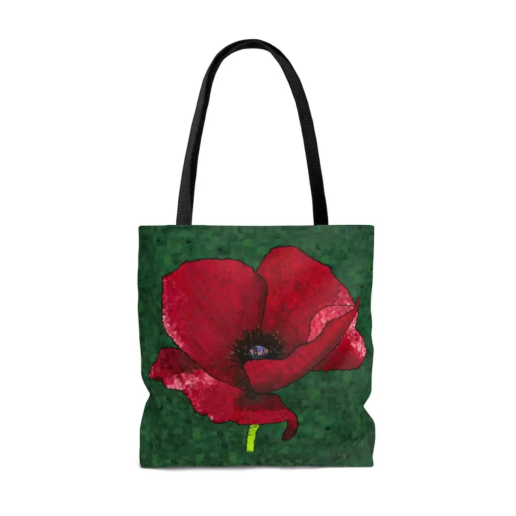 Poppy 1 tote bag featuring original artwork and vibrant prints of a red poppy flower on a lush green background.