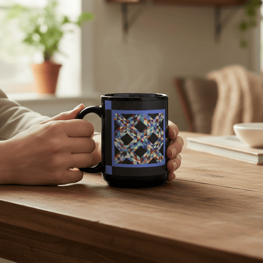 Person holding a black mug with a colorful geometric pattern on a wooden table.