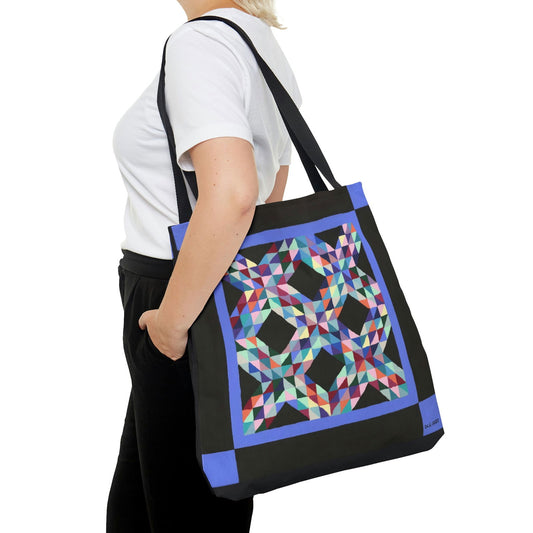 Quilt Tote Bag - Quilt Tote Bag - Dorrin Gingerich Art - Woman carrying quilt tote bag on shoulder, quality artwork and print artwork styled for modern fashion use.