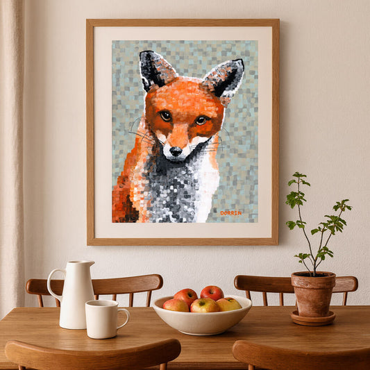 Mosaic-style red fox portrait painting with orange fur and black-tipped ears on sage green background by Dorrin Gingerich