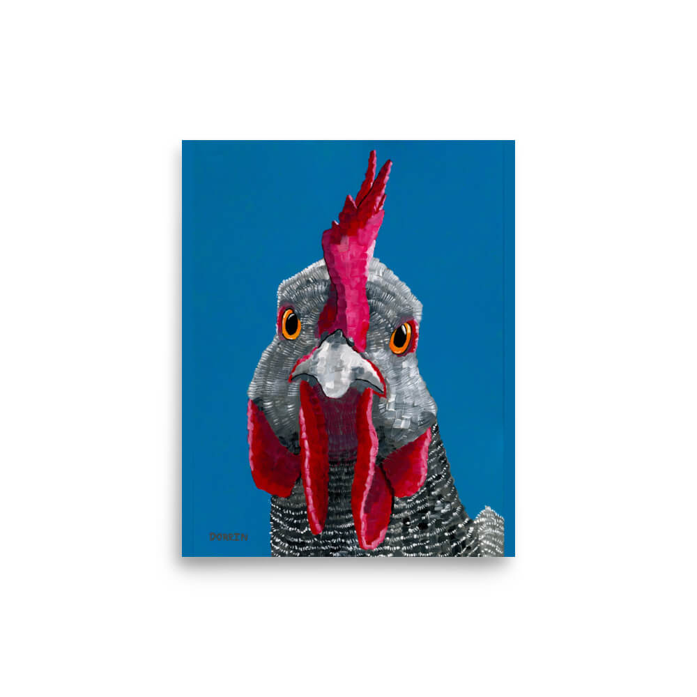 Bold rooster portrait fine art print by Dorrin Gingerich, gray feathers and vivid red wattles, 8x10