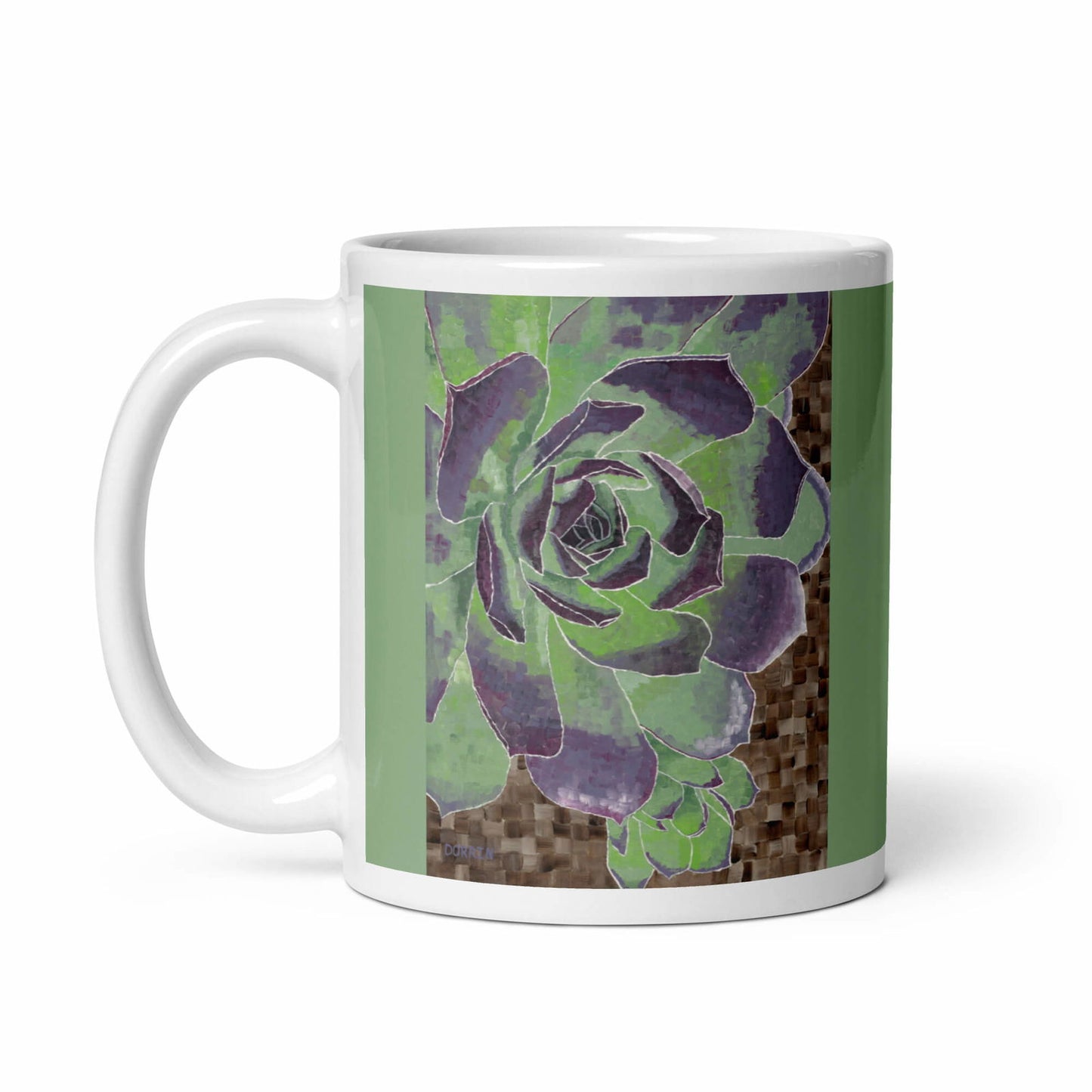 Succulent Mug - Succulent Mug - Dorrin Gingerich Art - A green and purple flower design on a white mug, showcasing succulent artwork by Dorrin Gingerich.
