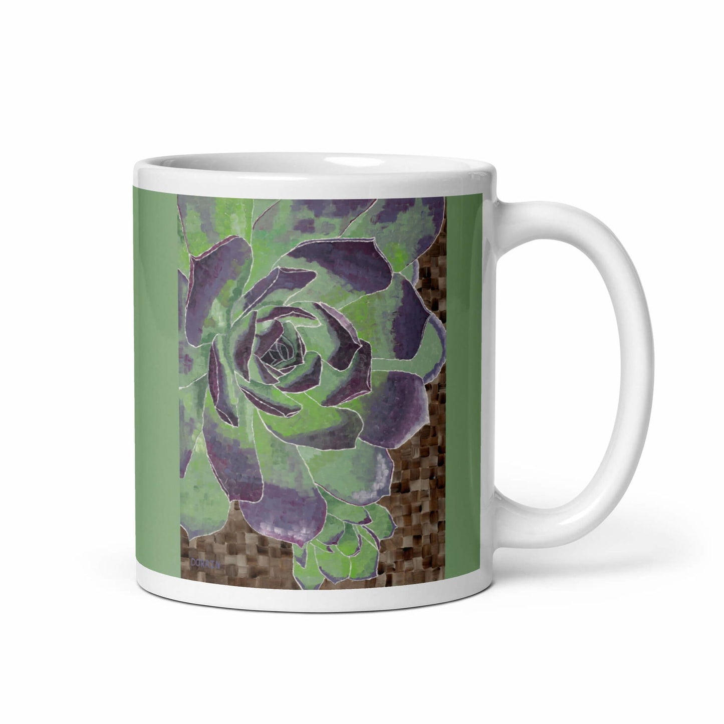 Succulent Mug - Succulent Mug - Dorrin Gingerich Art - A white mug adorned with a green and purple flower, representing succulent artwork by Dorrin Gingerich.