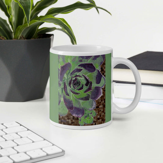 Succulent Mug - Succulent Mug - Dorrin Gingerich Art - A white mug adorned with a stunning green and purple flower, highlighting intricate succulent artwork.
