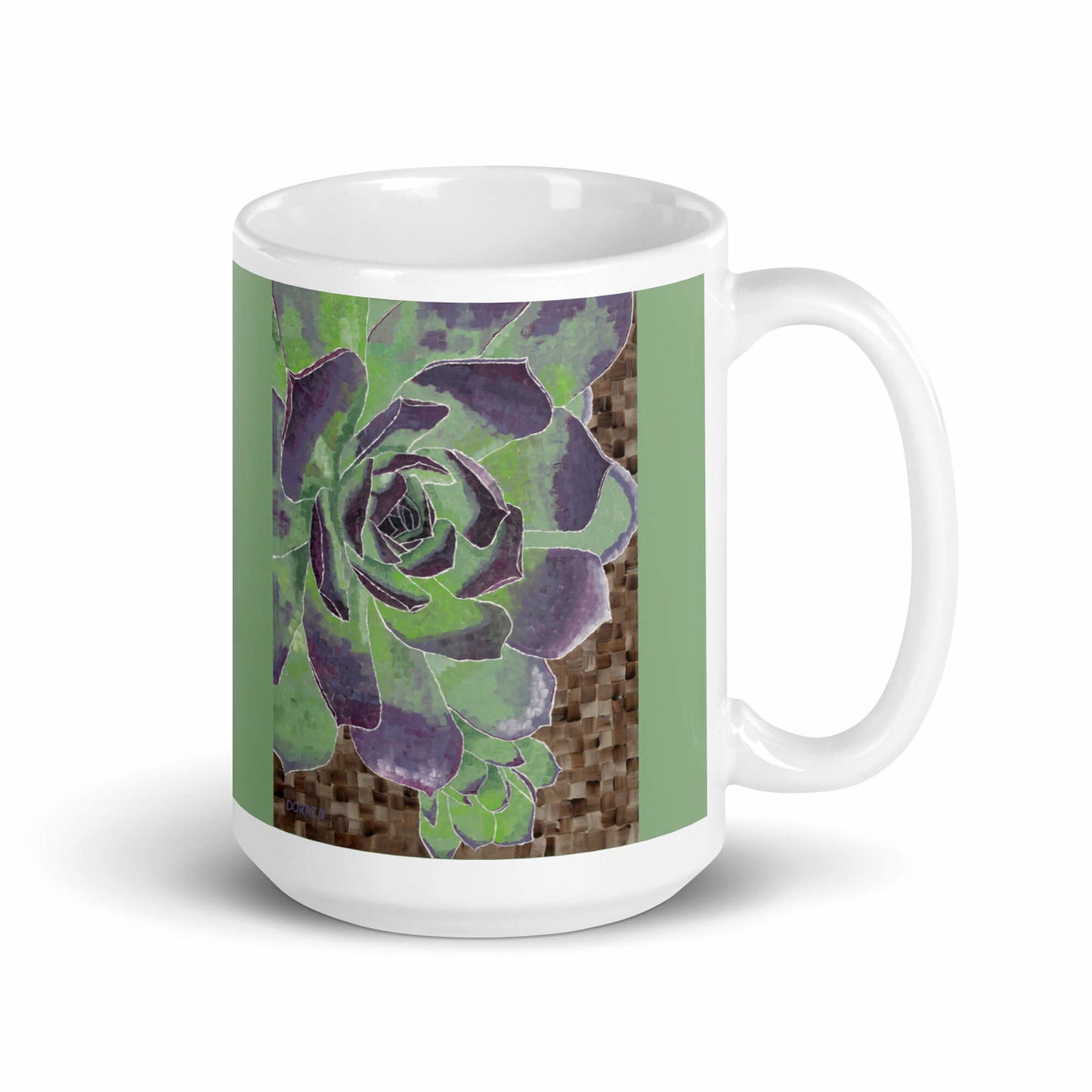 Succulent Mug - Succulent Mug - Dorrin Gingerich Art - A white mug featuring a colorful green and purple succulent flower, ideal for adding a touch of nature to your drinkware.