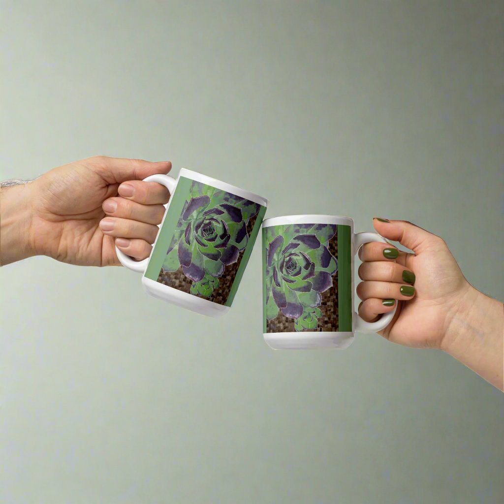 Succulent Mug - Succulent Mug - Dorrin Gingerich Art - Two hands gently hold coffee mugs adorned with a purple flower design and succulent artwork, radiating warmth and comfort.