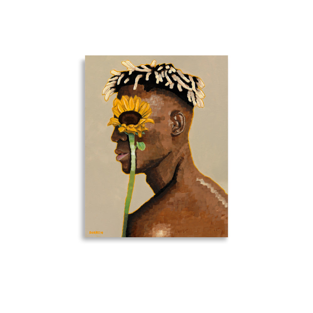 unflower Vision 11x14 original sunflower art print. Bold and expressive wall art print featuring a man with sunflower elements, symbolizing growth and creativity. High quality artwork for home decor.