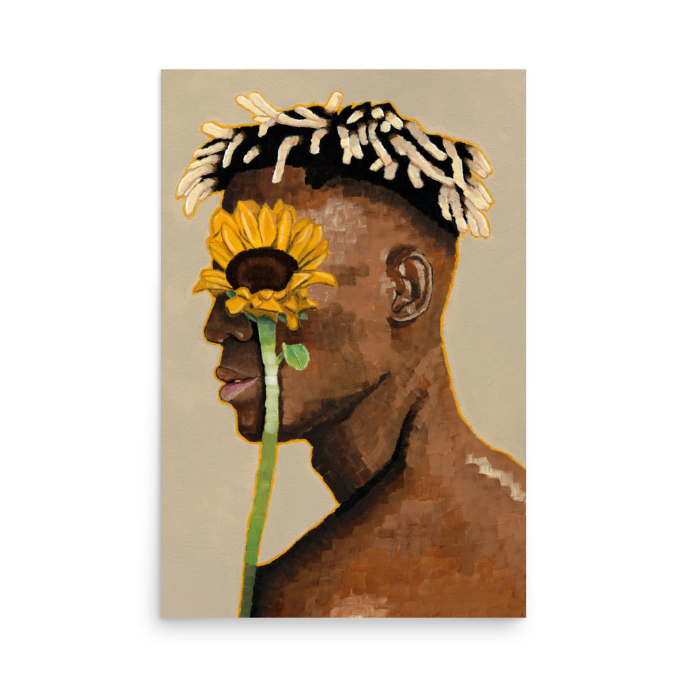 Large 24x36 Sunflower Vision art print featuring original sunflower-inspired artwork. Expressive wall art with floral and human elements, ideal for making a bold statement in modern interiors.