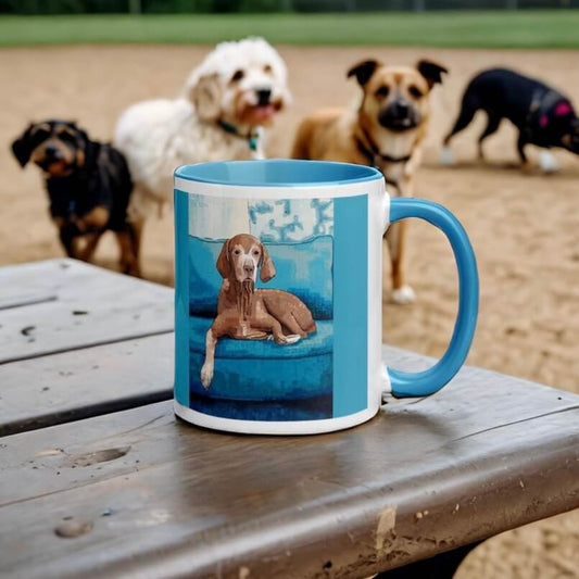Vizsla Dog Mug - Vizsla Dog Mug - Dorrin Gingerich Art - A dog enjoying a peaceful moment on a blue chair on a coffee cup in a dog park.