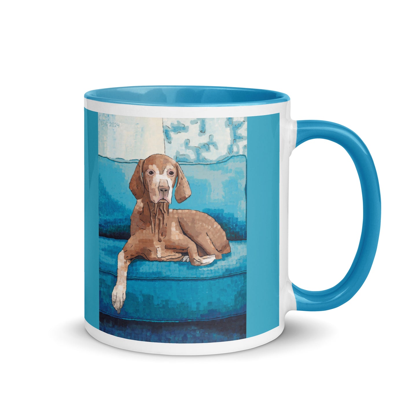 Mug with a dog illustration on a blue background
