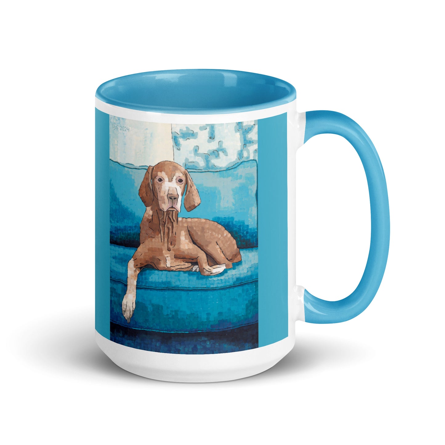 Mug with a dog on a blue cushion design on a white background