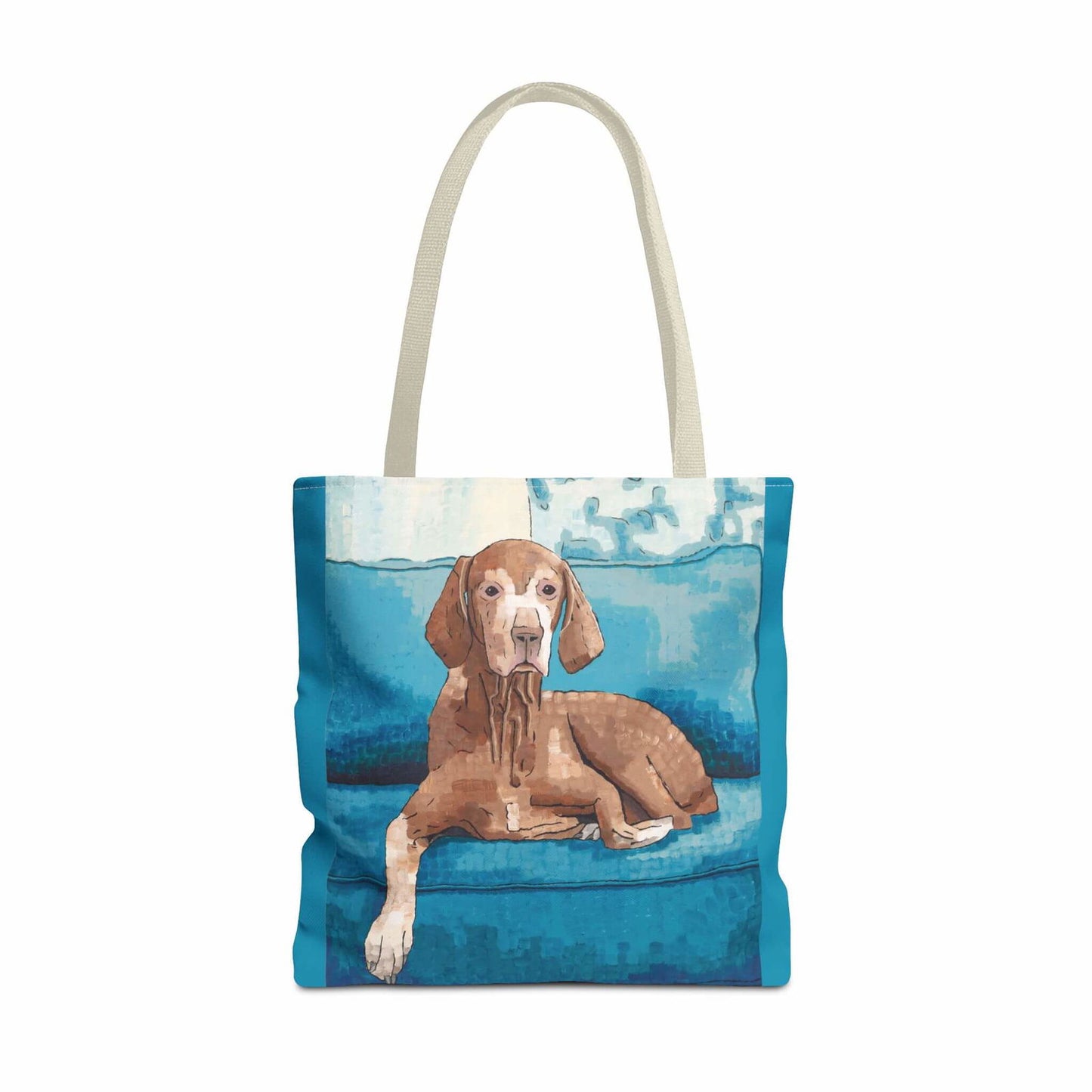 Vizsla Dog Tote Bags - Vizsla Dog Tote Bags - Dorrin Gingerich Art - A vizsla dog sitting on a blue couch printed on a tote bag.