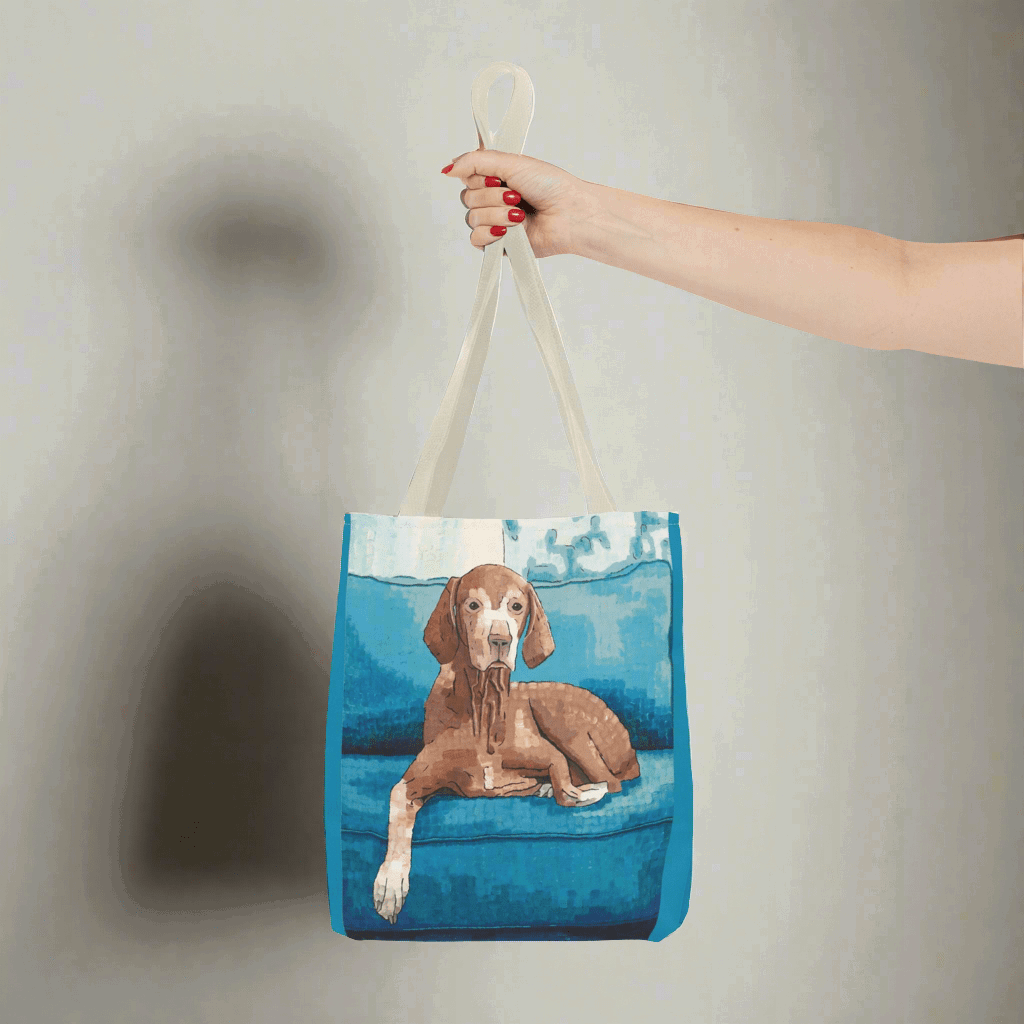 Vizsla Dog Tote Bags - Vizsla Dog Tote Bags - Dorrin Gingerich Art - Blue tote bag featuring an adorable Vizsla dog held by someone.