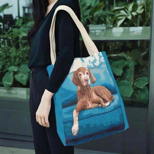 Vizsla Dog Tote Bags - Vizsla Dog Tote Bags - Dorrin Gingerich Art - Woman with blue tote bag showing cute vizsla dog painting.