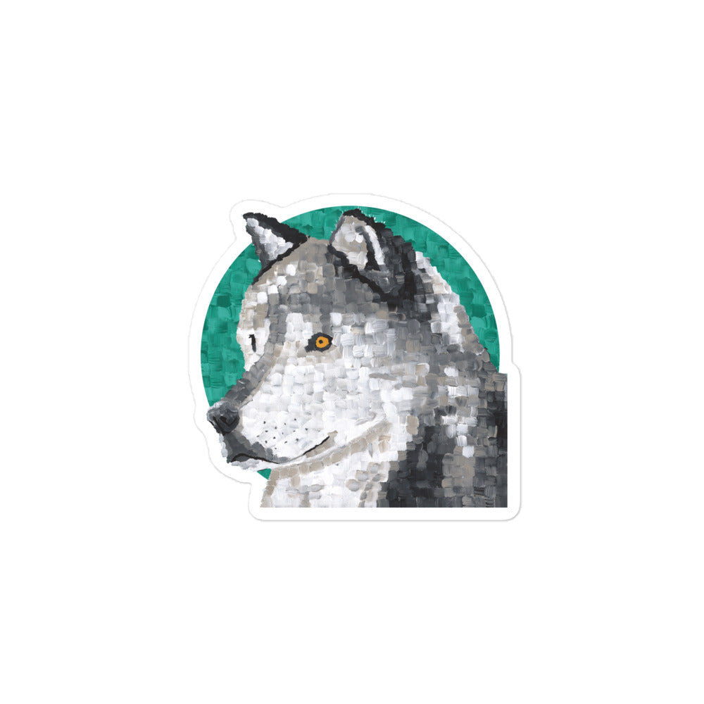 Wolf Sticker - Dorrin Gingerich Art - Closeup of wolf sticker from the original wolf art print, vibrant artwork on durable vinyl print artwork for everyday use.