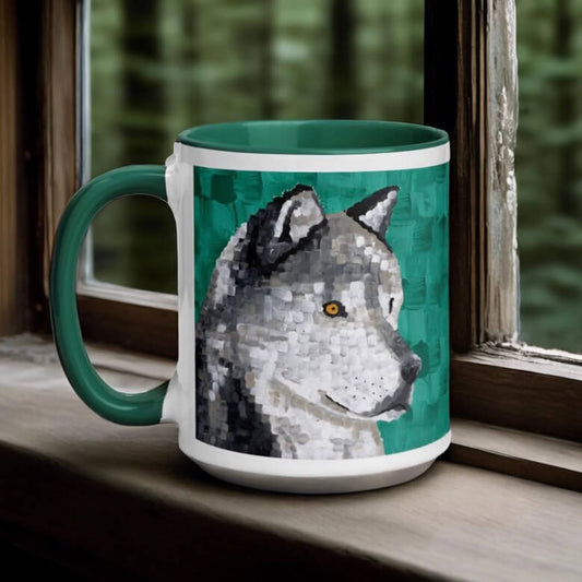 Wolf Mug - Dorrin Gingerich Art - Wolf mug inspired by original prints and fine art prints, placed on a coffee table for cozy home decor and artwork collection lovers.