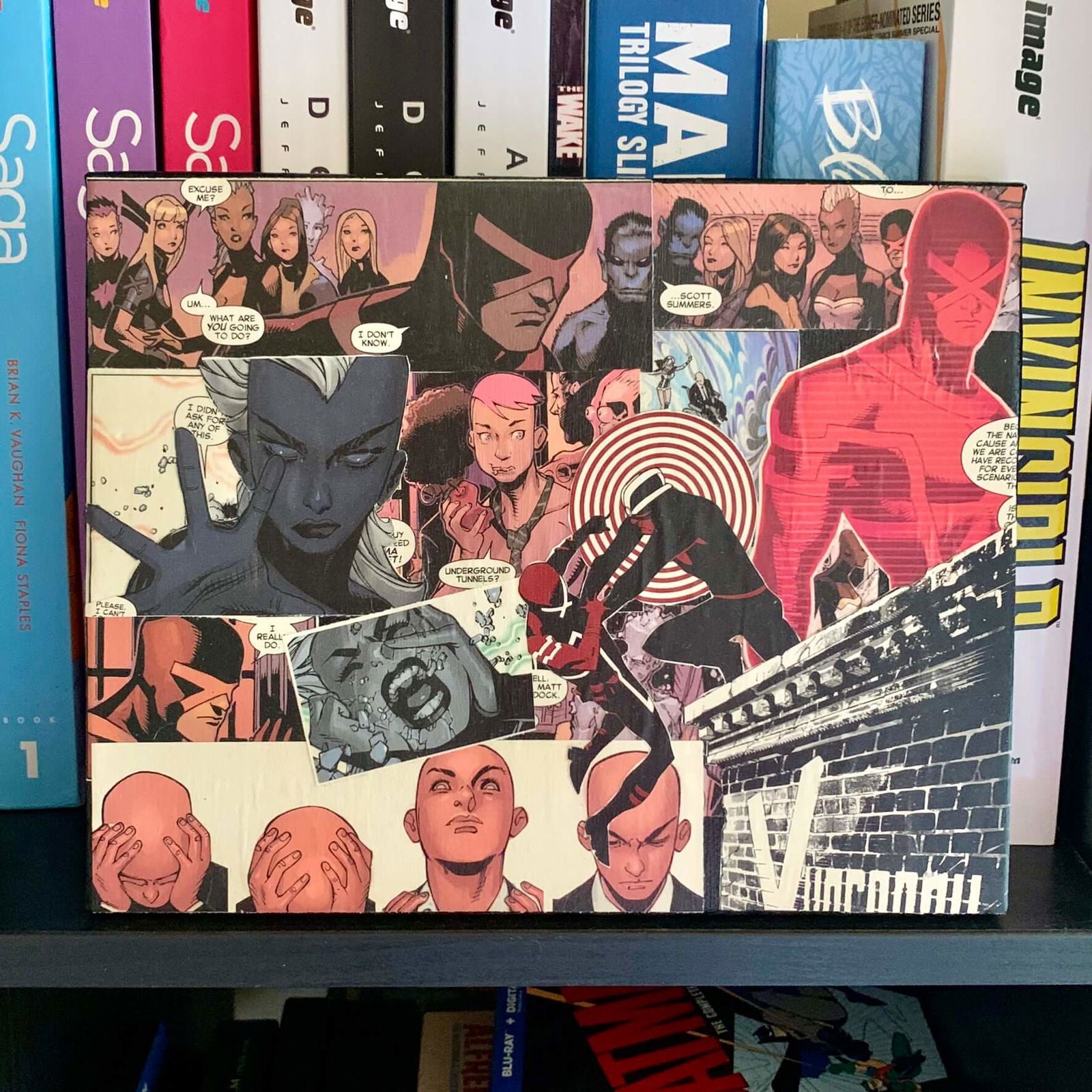 X-Man | Comic Collage | 8x10 | ORIGINAL - X-Man | Comic Collage | 8x10 | ORIGINAL - Dorrin Gingerich Art - A X-man Comic Collage resting on a shelf, surrounded by colorful comic books, showcasing a blend of literature and graphic storytelling.