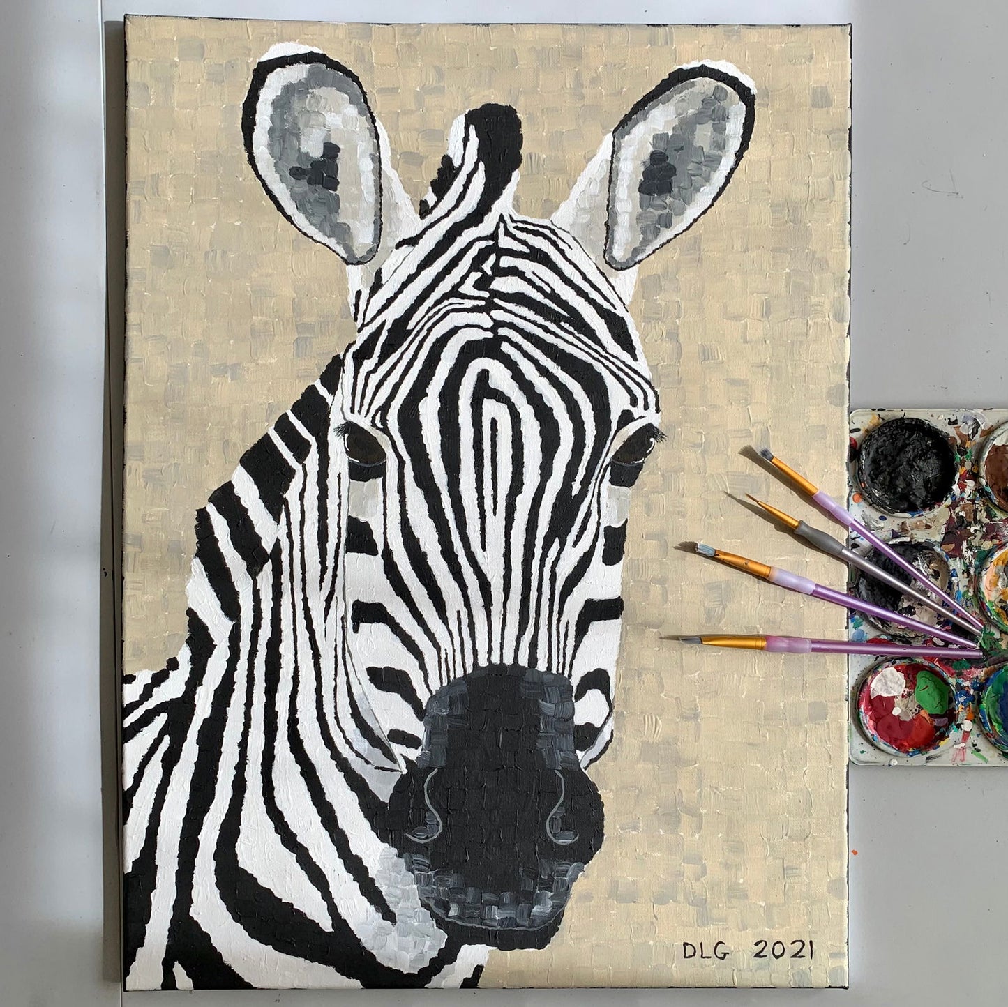 Original zebra painting by Dorrin Gingerich — hand-painted zebra art on canvas featuring bold black-and-white stripes, ideal for collectors of animal wall art, wildlife canvas art, or those seeking original zebra artwork for modern prints framed and paintings for home decor.
Zebra | 18x24 | ORIGINAL - Zebra | 18x24 | ORIGINAL - Dorrin Gingerich Art - Zebra 1 | 18x24 | Acrylic Paint on Canvas Dorrin Gingerich Art