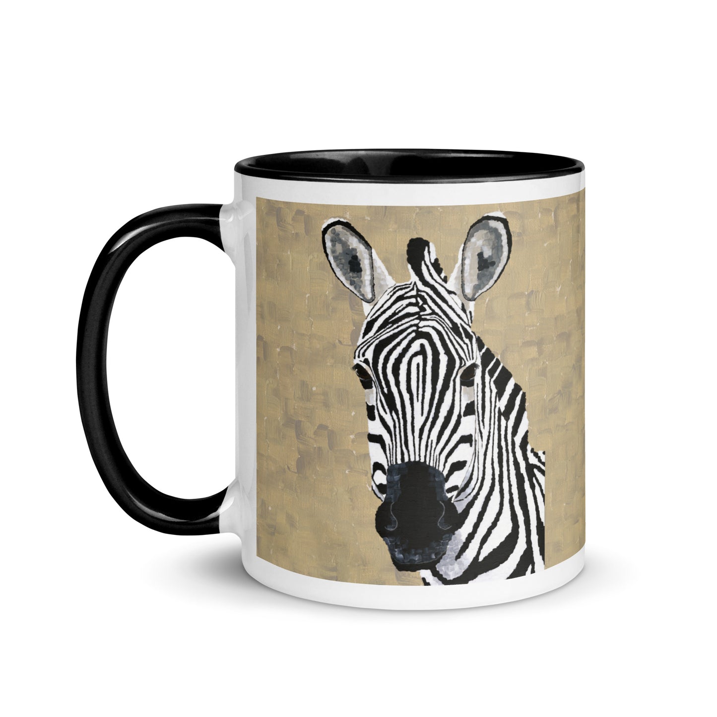 Zebra 1 mug on white desk with spoon — inspired by Dorrin Gingerich’s animal wall art and zebra canvas prints.