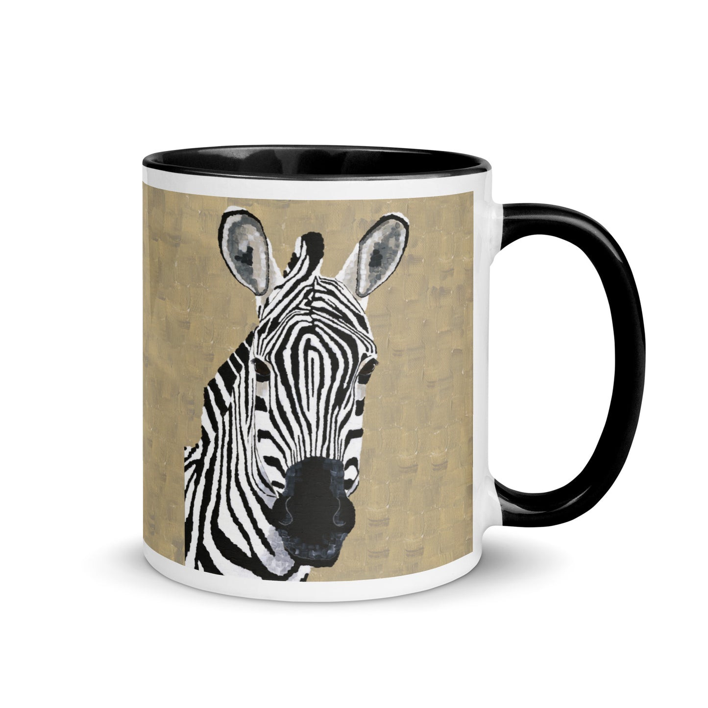 Zebra 1 ceramic mug displayed on a kitchen counter — features bold zebra art for fans of wildlife animal art and unique ceramic drinkware.