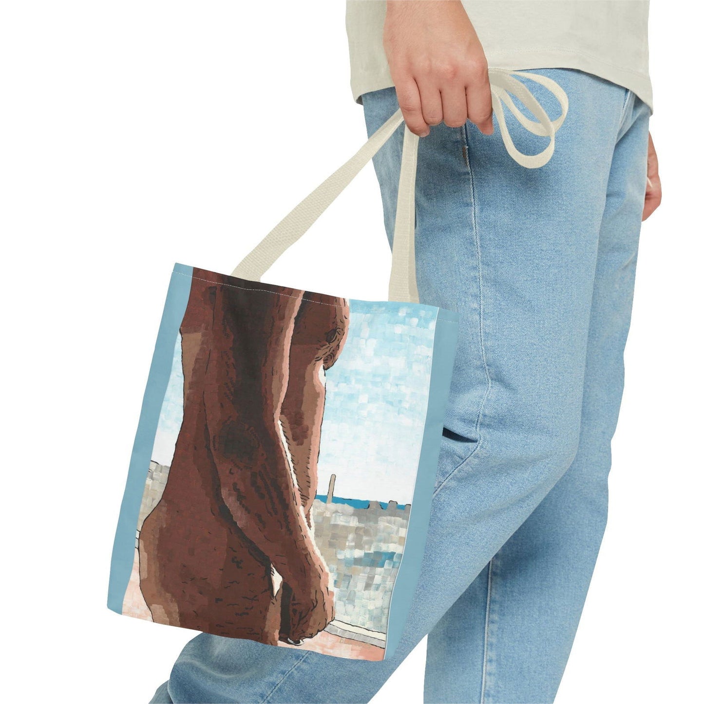 Hand-held view of art tote bag featuring Dorrin Gingerich’s visual artwork – great artwork and functional print design.