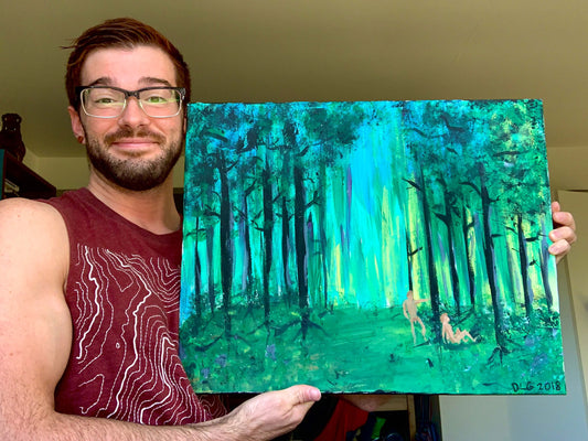 Artist Dorrin Gingerich holding Two Men in Forest art print – quality artwork and painting prints with vibrant artwork detail.
