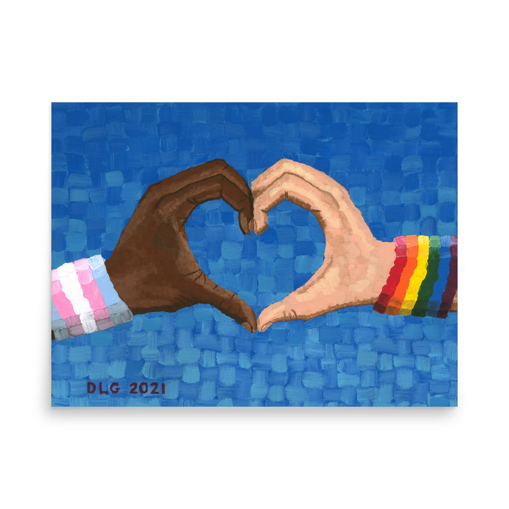 Close-up of the blue Loving Pride canvas print showing two hands forming a heart — a love artwork representing unity, compassion, and LGBTQ pride in art.