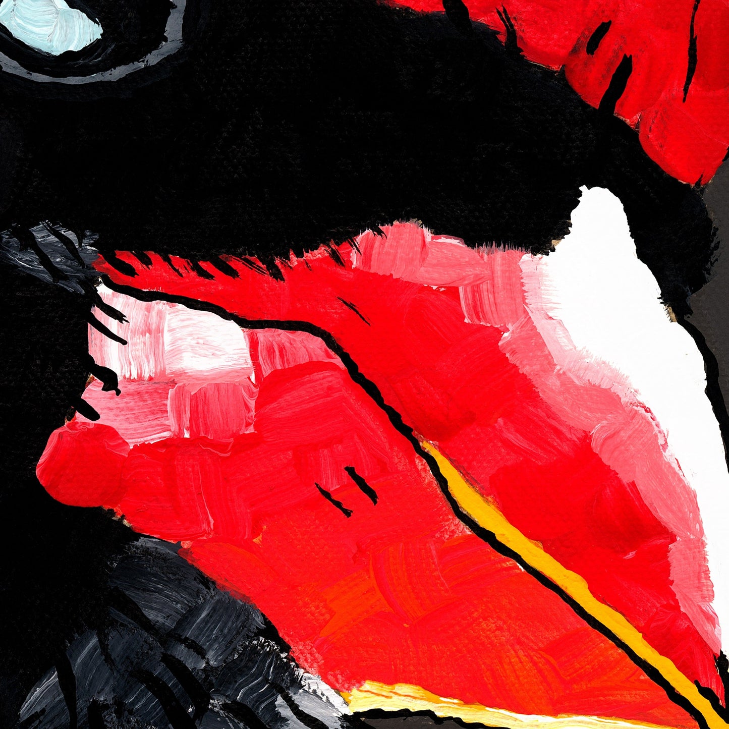 Zoomed-in view of red cardinal art print showing vivid color texture – bold cardinal prints artwork with deep brushstroke detail and contrast
