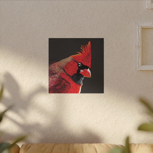 Cardinal art print displayed in a living room setting – red bird prints perfect for gallery walls, entryways, or bird lovers’ homes