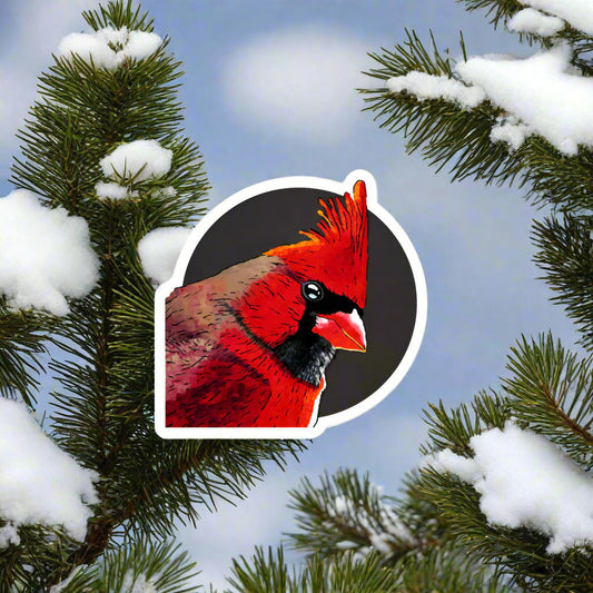 Mockup of red bird vinyl sticker featuring cardinal art print applied on a laptop – bold nature-inspired design as a unique gift under $100