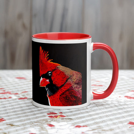 Side view of cardinal prints ceramic mug with wraparound artwork – cardinal paintings in vivid red tones for bird lovers
