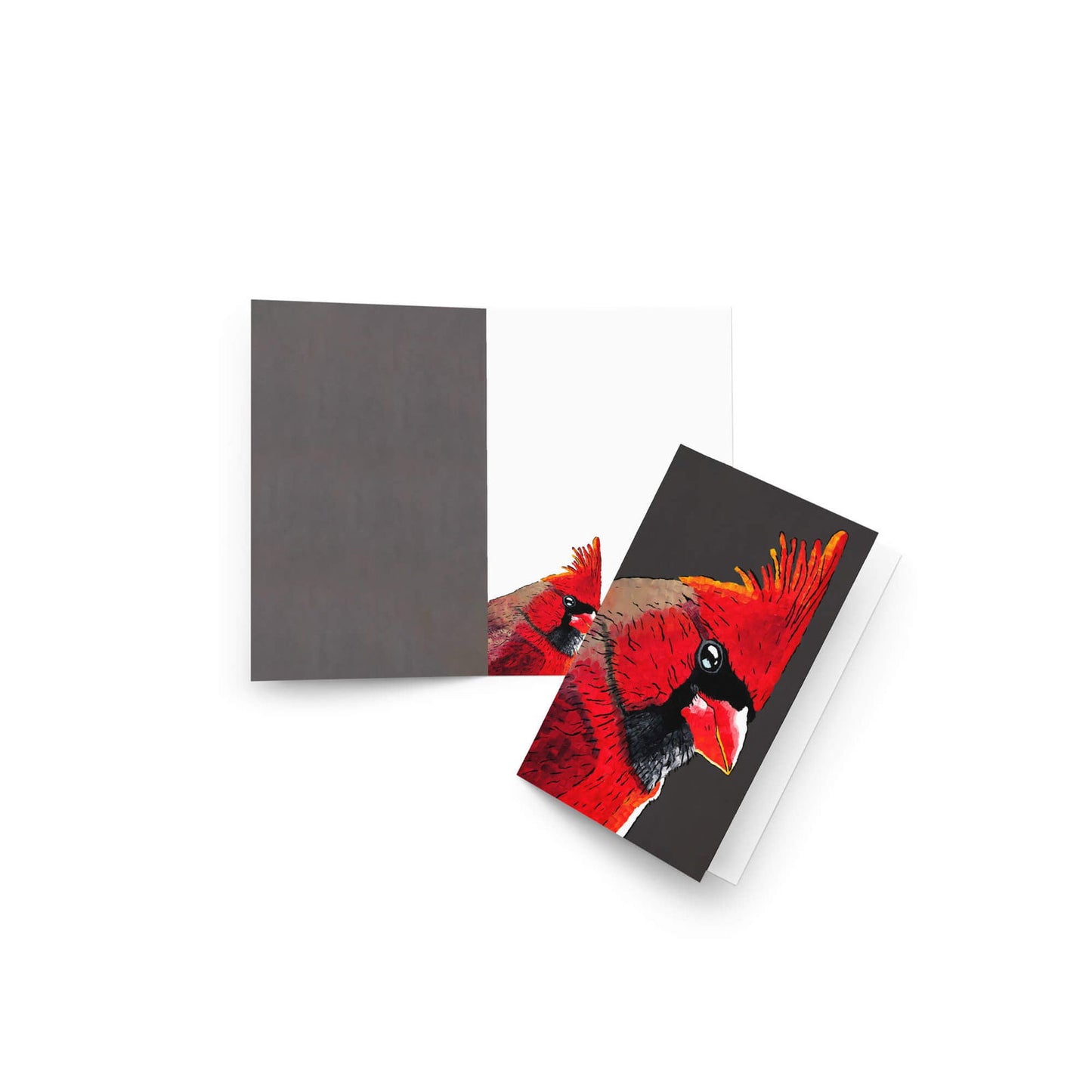 Cardinal note cards displayed open and closed – showcasing red bird prints, cardinal paintings, and elegant 4x6 greeting card design with art cardinal themes