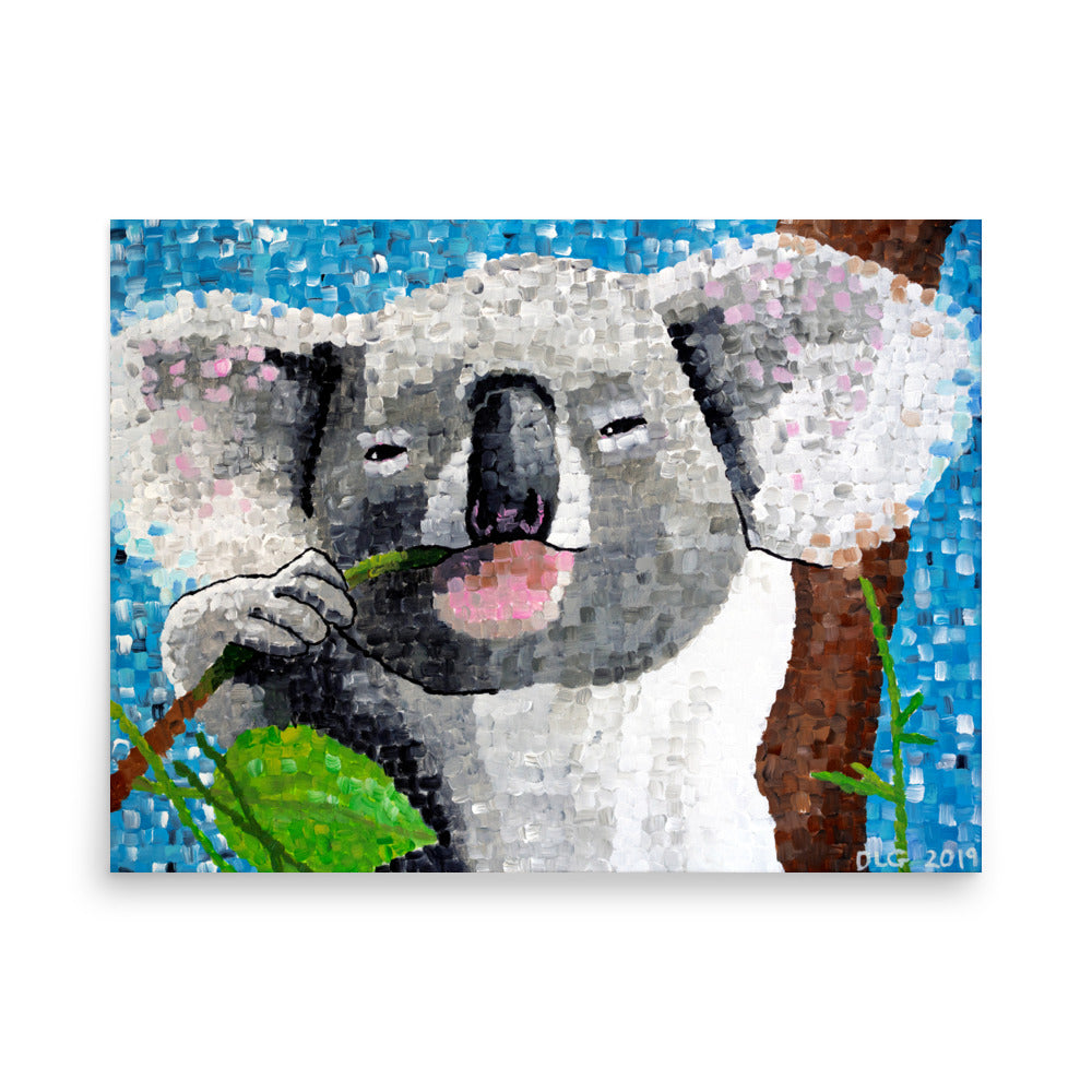 Close-up of baby koala art print showing brushstroke texture and color detail – part of the canvas art gallery featuring original prints for sale